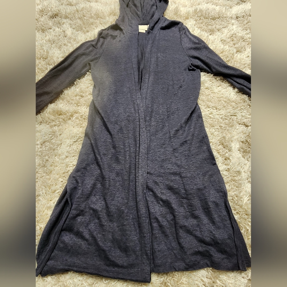 Cynthia Rowley Linen Navy Blue Long Sleeve Open Front Hooded Cardigan Sweater M - Picture 2 of 12